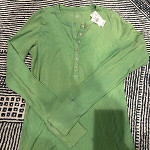 Aerie Green Ribbed Henley Top M